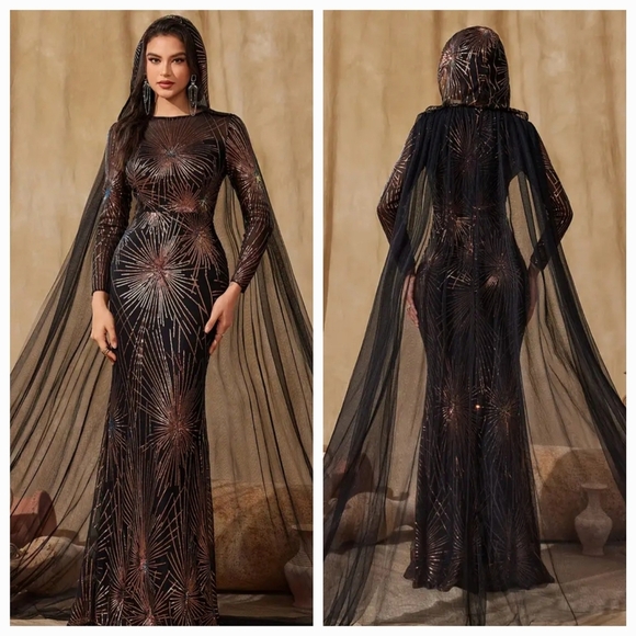 Black Sequin Embellished Gown with Bishop Sleeves - Picture 2 of 16